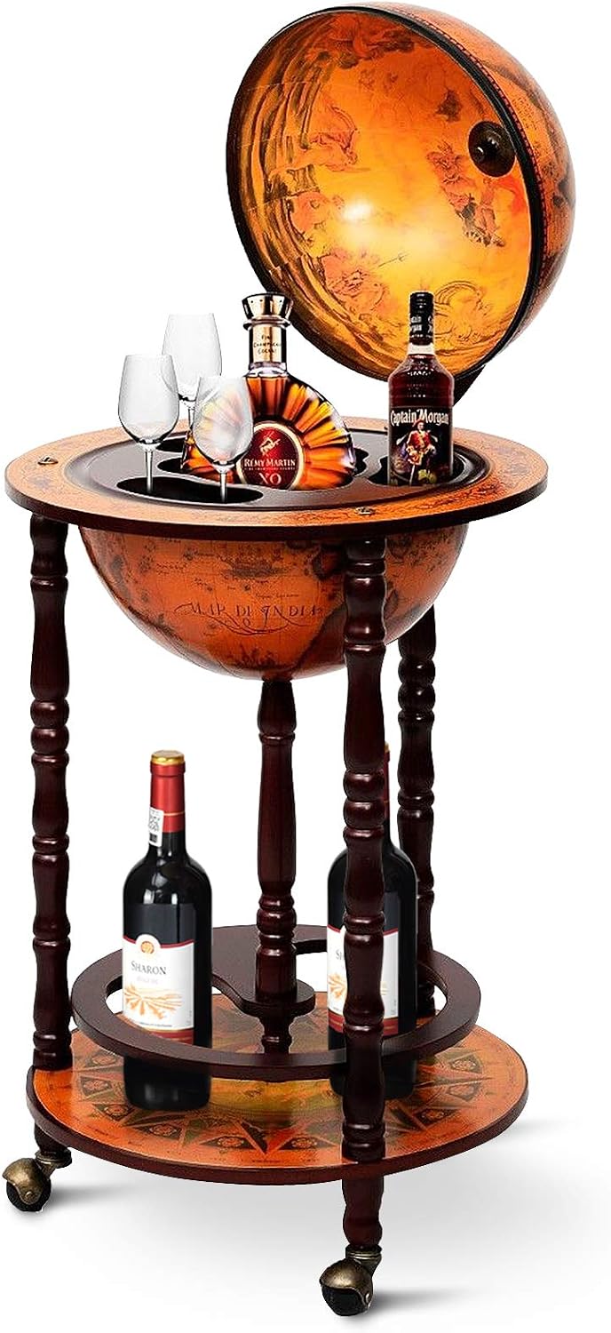 Home Bar Shelf - Tekerlekli Depolama Alt Raflı Globe Bar