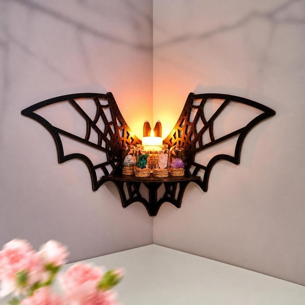 Home Bar Shelf - Ahşap Köşe Rafı Oyuk Desenli Duvara