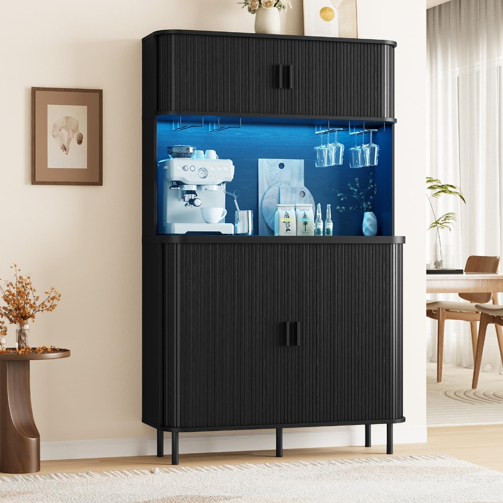Home Bar And Cabinet - 71 inç Yüksekliğinde Yivli Siyah Depolama